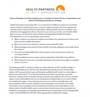Privacy Principles for Protecting Survivors of Intimate Partner Violence, Exploitation and Human Trafficking in Healthcare Settings
