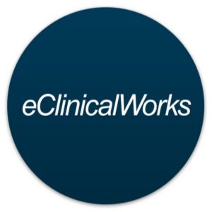 blue circle that contains the words, "eClinicalWorks" in white font
