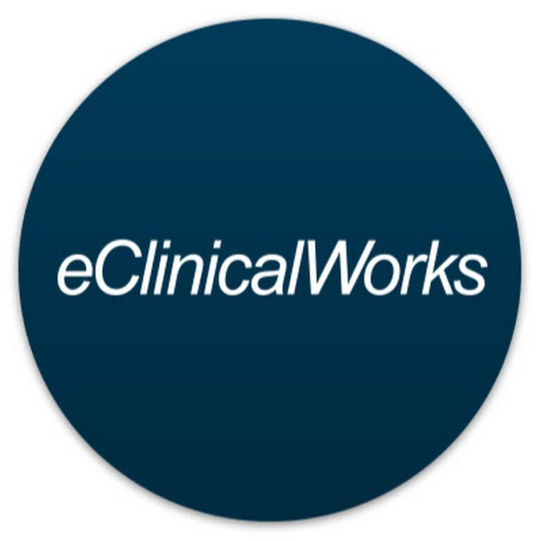 blue circle that contains the words, "eClinicalWorks" in white font
